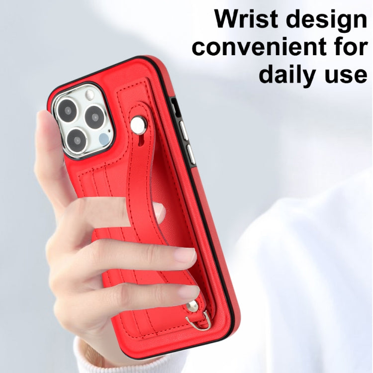 For iPhone 15 Pro Max Shockproof Leather Phone Case with Wrist Strap(Red) - iPhone 15 Pro Max Cases by buy2fix | Online Shopping UK | buy2fix