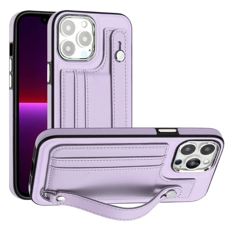 For iPhone 15 Pro Shockproof Leather Phone Case with Wrist Strap(Purple) - iPhone 15 Pro Cases by buy2fix | Online Shopping UK | buy2fix