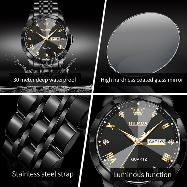 OLEVS 9931 Men Luminous Waterproof Quartz Watch(Black) - Metal Strap Watches by OLEVS | Online Shopping UK | buy2fix