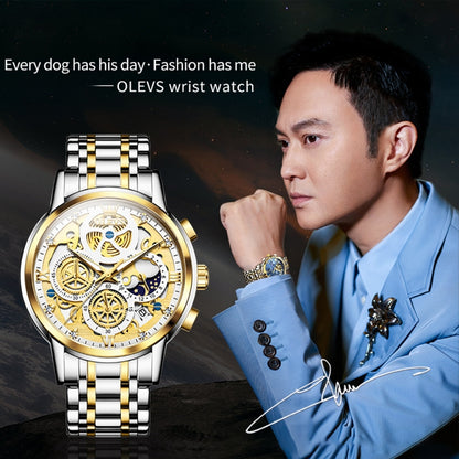 OLEVS 9947 Men Multifunctional Hollow Waterproof Quartz Watch(White + Gold) - Metal Strap Watches by OLEVS | Online Shopping UK | buy2fix