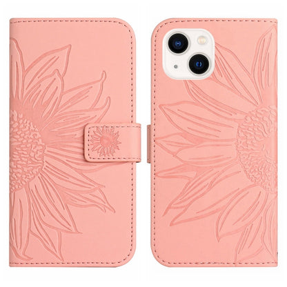 For iPhone 15 Plus Skin Feel Sun Flower Embossed Flip Leather Phone Case with Lanyard(Pink) - iPhone 15 Plus Cases by buy2fix | Online Shopping UK | buy2fix