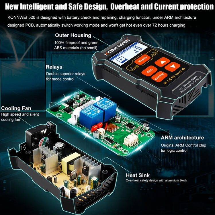 KONNWEI KW520 12V / 24V 3 in 1 Car Battery Tester with Detection & Repair & Charging Function(EU Plug) - Code Readers & Scan Tools by KONNWEI | Online Shopping UK | buy2fix