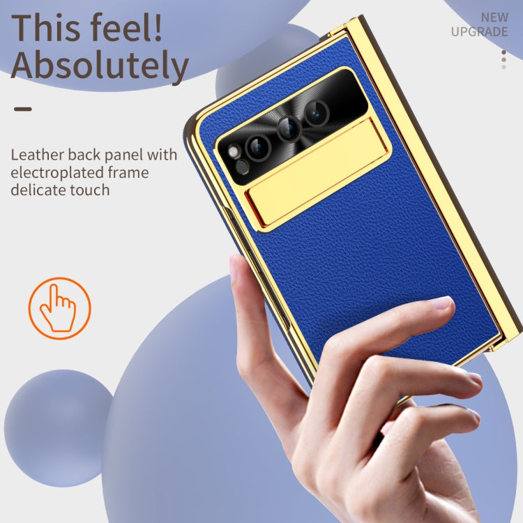 For Google Pixel Fold Litchi Pattern Electroplating Pen Slot Folding Phone Case with Stylus(Royal Blue) - Google Cases by buy2fix | Online Shopping UK | buy2fix