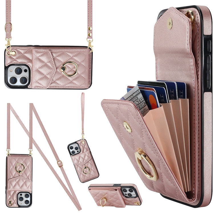 For iPhone 15 Pro Max Rhombic Texture Card Bag Phone Case with Long Lanyard(Rose Gold) - iPhone 15 Pro Max Cases by buy2fix | Online Shopping UK | buy2fix