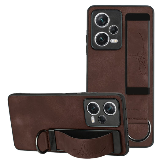 For Xiaomi Redmi Note 12 Pro+ 5G Global Wristband Holder Leather Back Phone Case(Coffee) - Note 12 Pro+ Cases by buy2fix | Online Shopping UK | buy2fix