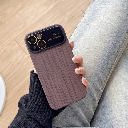 For iPhone 14 Wood Grain TPU Phone Case with Lens Film(Grey) - iPhone 14 Cases by buy2fix | Online Shopping UK | buy2fix