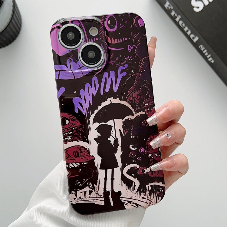 For iPhone 14 Plus Painted Pattern Precise Hole PC Phone Case(Black Purple Umbrella Boy) - iPhone 14 Plus Cases by buy2fix | Online Shopping UK | buy2fix