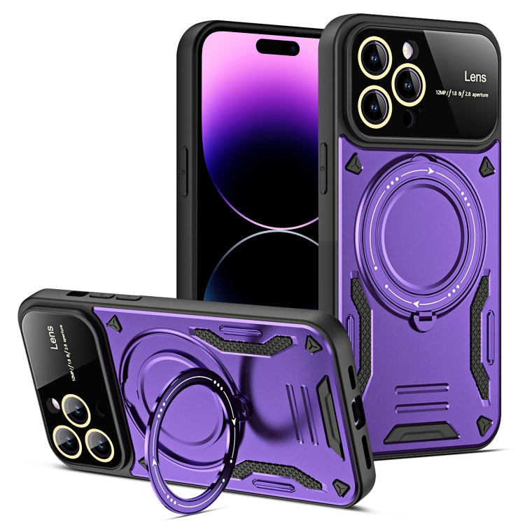 For iPhone 14 Pro Large Window MagSafe Holder Phone Case(Purple) - iPhone 14 Pro Cases by buy2fix | Online Shopping UK | buy2fix