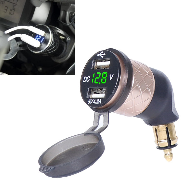 German EU Plug Special Motorcycle Elbow Charger Dual USB Voltmeter 4.2A Charger, Shell Color:Gold(Green Light) - In Car by buy2fix | Online Shopping UK | buy2fix