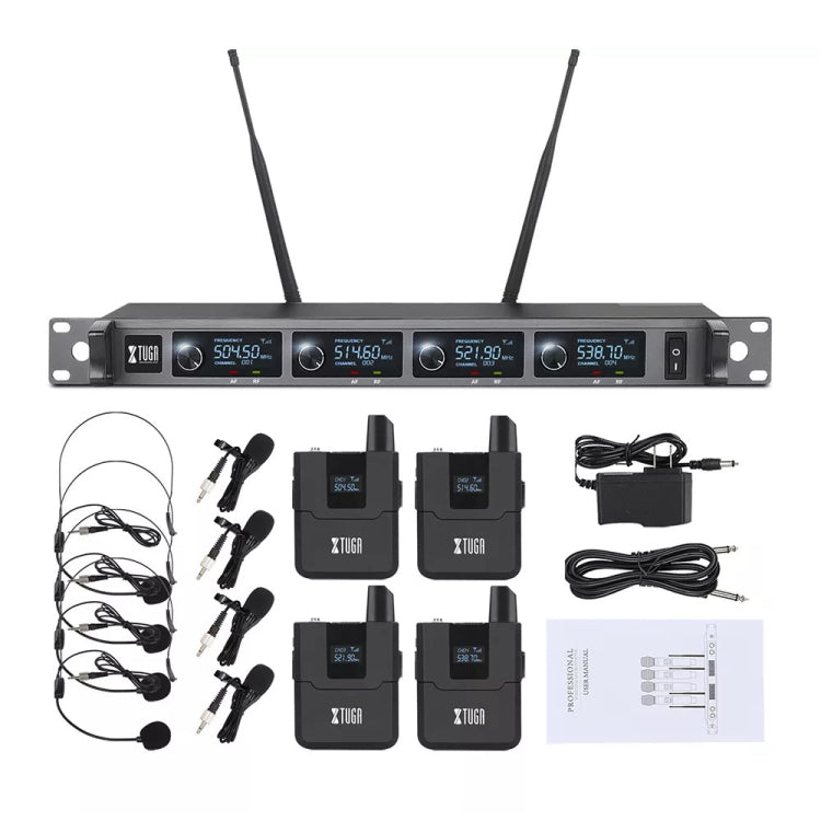 XTUGA A140-B Wireless Microphone System 4 BodyPack Headset Lavalier Microphone(EU Plug) - Microphone by XTUGA | Online Shopping UK | buy2fix