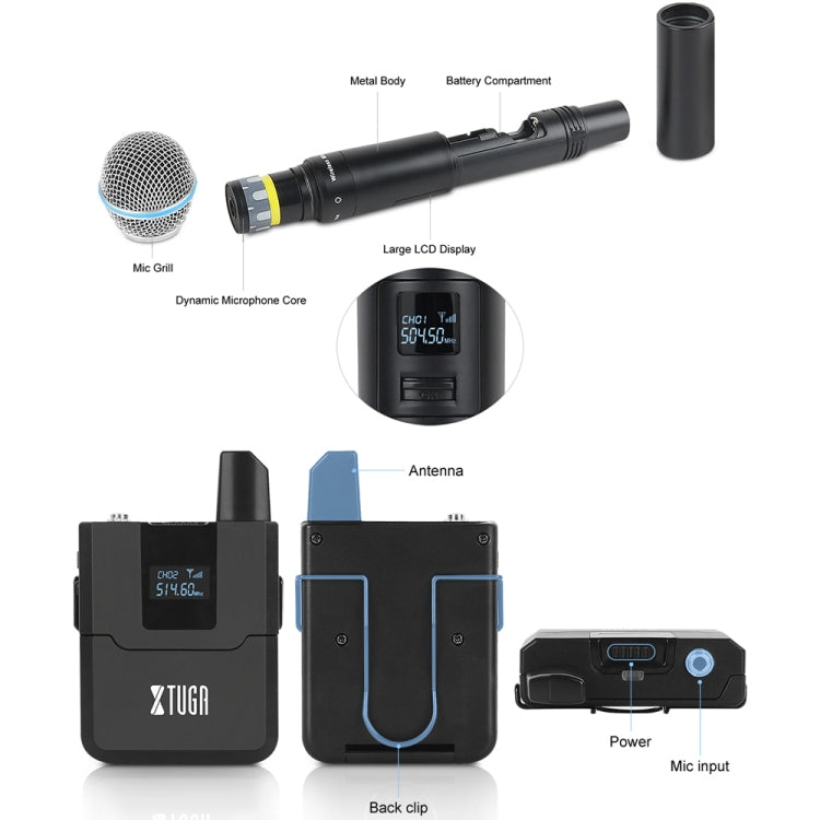 XTUGA A140-B Wireless Microphone System 4 BodyPack Headset Lavalier Microphone(EU Plug) - Microphone by XTUGA | Online Shopping UK | buy2fix