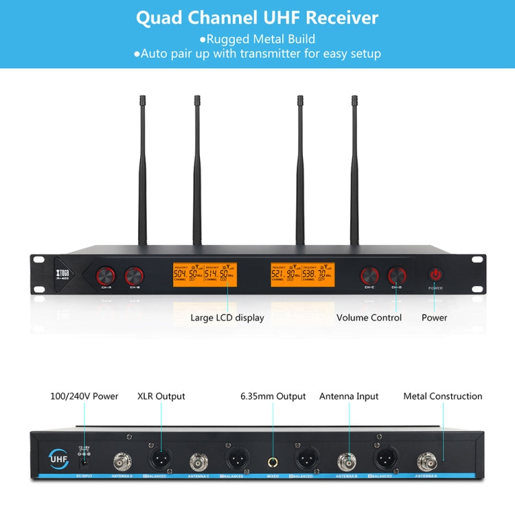 XTUGA A400-B Professional 4-Channel UHF Wireless Microphone System with 4 BodyPack Lavalier Headset Microphone(US Plug) - Microphone by XTUGA | Online Shopping UK | buy2fix