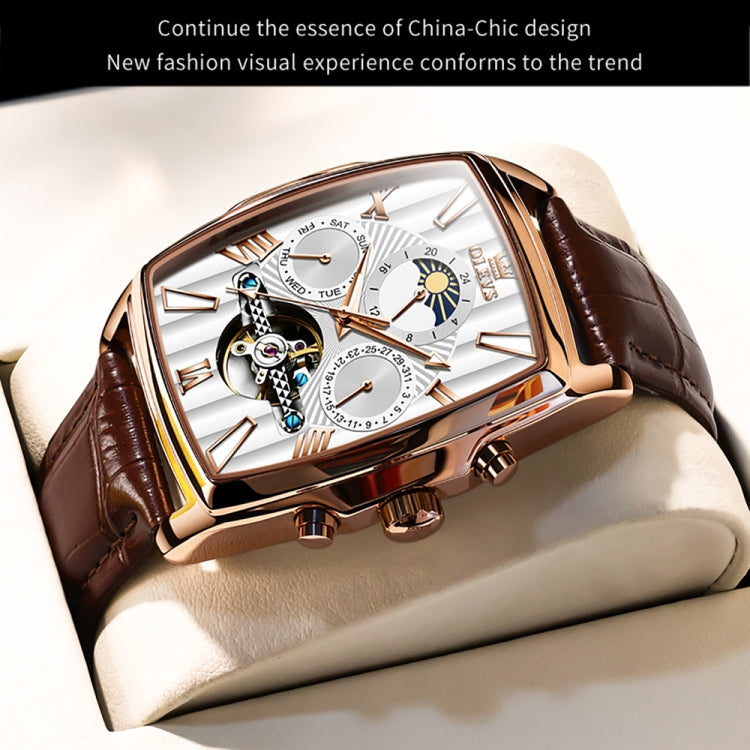 OLEVS 6675 Men Multifunctional Moon Phase Tourbillon Mechanical Watch(White + Rose Gold) - Leather Strap Watches by OLEVS | Online Shopping UK | buy2fix