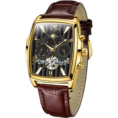 OLEVS 6675 Men Multifunctional Moon Phase Tourbillon Mechanical Watch(Black + Gold) - Leather Strap Watches by OLEVS | Online Shopping UK | buy2fix