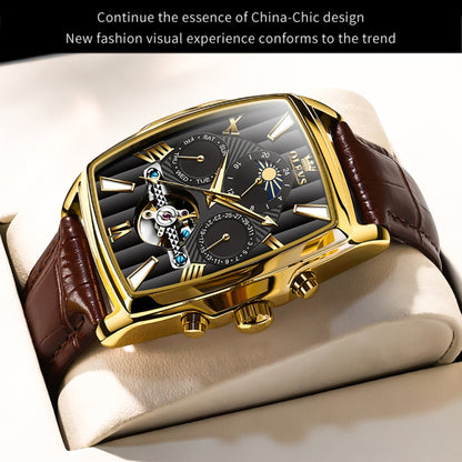OLEVS 6675 Men Multifunctional Moon Phase Tourbillon Mechanical Watch(Black + Gold) - Leather Strap Watches by OLEVS | Online Shopping UK | buy2fix
