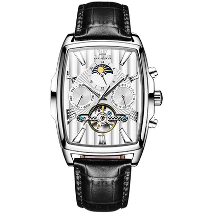 OLEVS 6675 Men Multifunctional Moon Phase Tourbillon Mechanical Watch(White + Silver) - Leather Strap Watches by OLEVS | Online Shopping UK | buy2fix