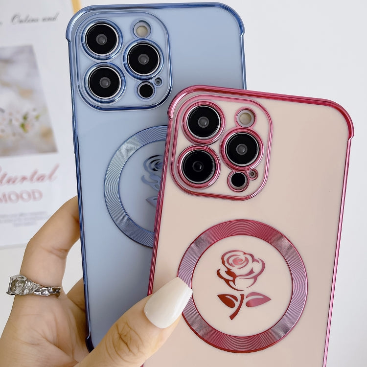 For iPhone 12 Pro Max Electroplate Side Roses Flower MagSafe Phone Case(Blue) - iPhone 12 Pro Max Cases by buy2fix | Online Shopping UK | buy2fix