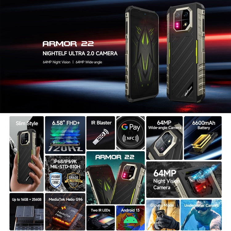 Ulefone Armor 22, 8GB+256GB, IP68/IP69K Rugged Phone, 6.58 inch Android 13 MediaTek Helio G96 Octa Core, Network: 4G, NFC, OTG(Some Green) - Ulefone by Ulefone | Online Shopping UK | buy2fix