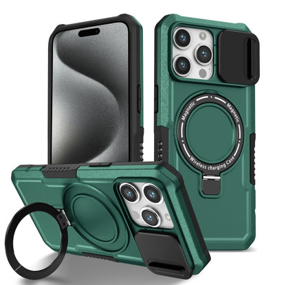 For iPhone 15 Pro Sliding Camshield Magsafe Holder TPU Hybrid PC Phone Case(Deep Green) - iPhone 15 Pro Cases by buy2fix | Online Shopping UK | buy2fix