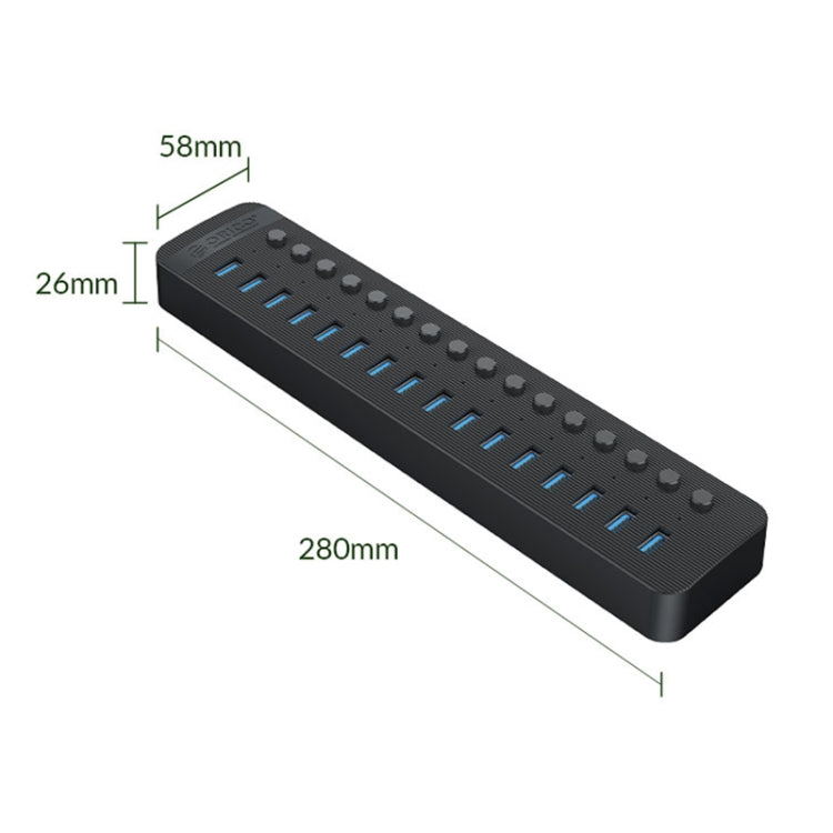 ORICO CT2U3-16AB Plastic Stripes 16 Ports USB 3.0 HUB with Individual Switches, Plug:EU Plug(Black) - USB 3.0 HUB by ORICO | Online Shopping UK | buy2fix