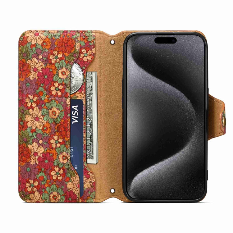 For iPhone 15 Pro Max Denior Flower Language Series Cork Fabric Oil Edge Leather Phone Case(Summer) - iPhone 15 Pro Max Cases by Denior | Online Shopping UK | buy2fix