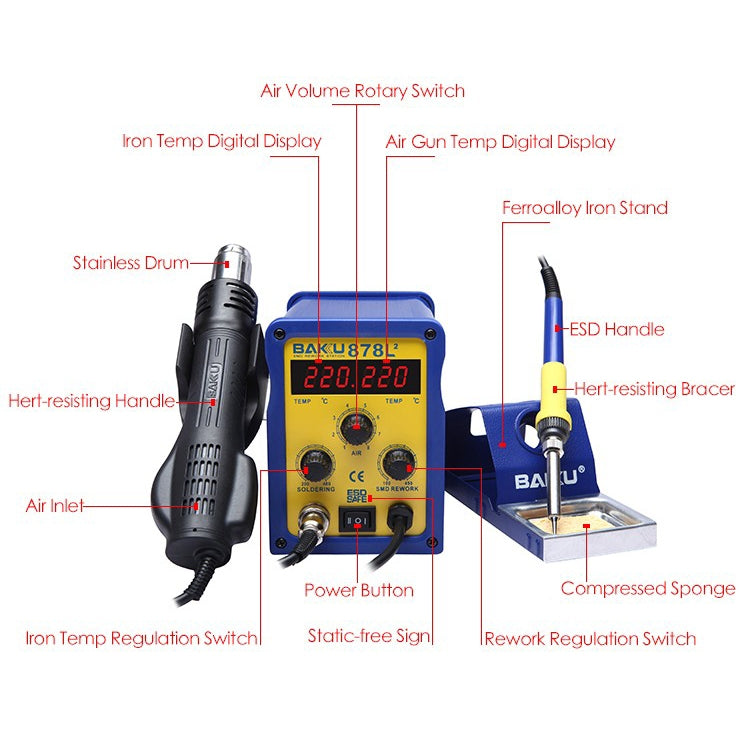 BAKU BK-878L2 AC 220V LED Display 2 in 1 Hot Air Gun Soldering Iron Soldering Station - Electric Soldering Iron by BAKU | Online Shopping UK | buy2fix