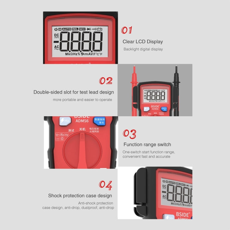 BSIDE ADMS6 High-precision Fully Automatic Small Digital Intelligent Multimeter with HD Digital Display & Shockproof Cover, Support Function Range Switch & Double-sided Pen Holder (Red) - Consumer Electronics by buy2fix | Online Shopping UK | buy2fix