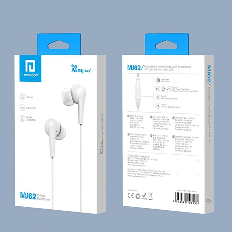 Langsdom MJ62 1.2m Wired In Ear 3.5mm Interface Stereo Earphones with Mic (White) - In Ear Wired Earphone by Langsdom | Online Shopping UK | buy2fix