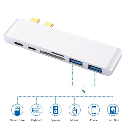 6 in 1 Multi-function Aluminium Alloy 5Gbps Transfer Rate Dual USB-C / Type-C HUB Adapter with 2 USB 3.0 Ports & 2 USB-C / Type-C Ports & SD Card Slot & TF Card Slot for Macbook 2015 / 2016 / 2017(Silver) - Computer & Networking by buy2fix | Online Shopping UK | buy2fix