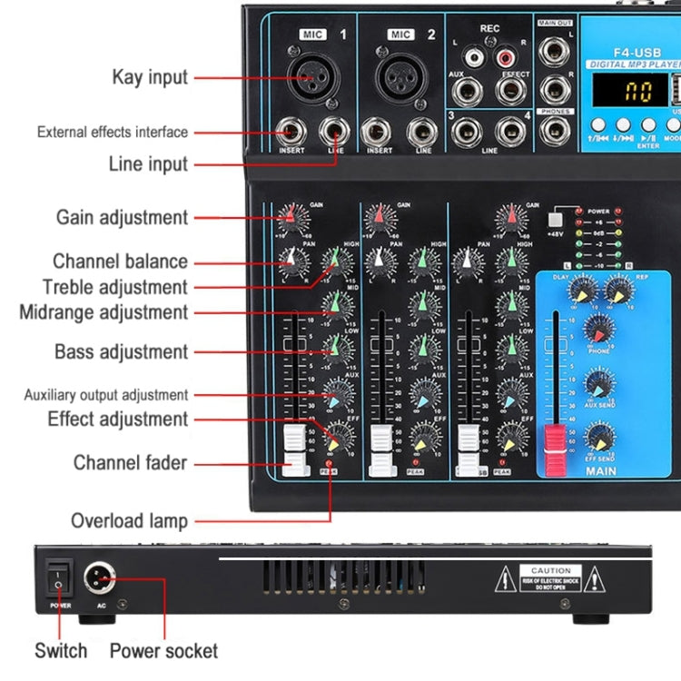 F4 Home 4-channel Bluetooth USB Reverb Mixer, EU Plug (Black) - Consumer Electronics by buy2fix | Online Shopping UK | buy2fix