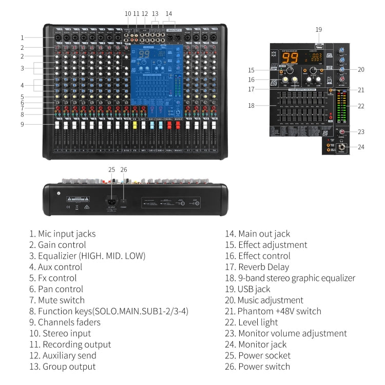 XTUGA B1404FX 14 Channels Bluetooth Audio Mixer Digital DJ Controller Sound Mixing Console (EU Plug) - Live Sound Effects Processors by XTUGA | Online Shopping UK | buy2fix