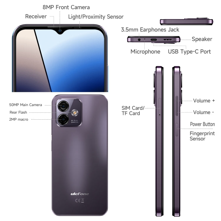 [HK Warehouse] Ulefone Note 16 Pro, 8GB+128GB, Dual Back Cameras, Face ID & Side Fingerprint Identification, 4400mAh Battery, 6.52 inch Android 13 Unisoc T606 OctaCore up to 1.6GHz, Network: 4G, Dual SIM, OTG(Purple) - Ulefone by Ulefone | Online Shopping UK | buy2fix