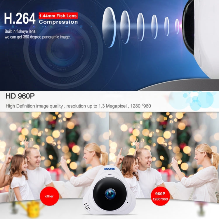 ESCAM Q8 960P 360 Degrees Fisheye Lens 1.3MP WiFi IP Camera, Support Motion Detection / Night Vision, IR Distance: 5-10m, EU Plug(White) - Security by ESCAM | Online Shopping UK | buy2fix