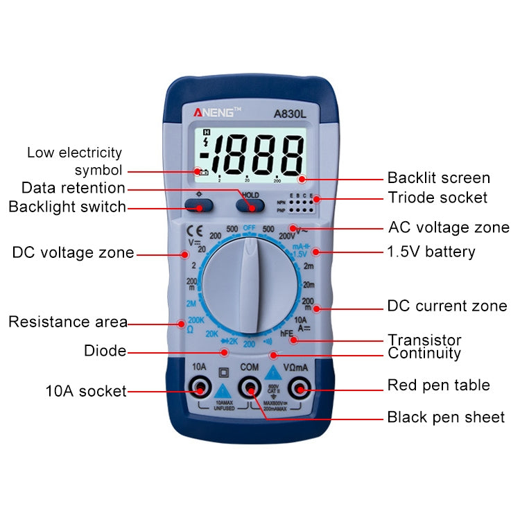 ANENG A830L Handheld Multimeter Household Electrical Instrument(Blue Grey) - Consumer Electronics by ANENG | Online Shopping UK | buy2fix