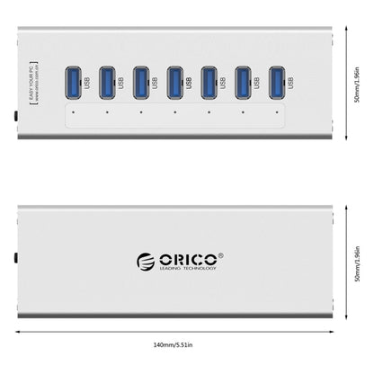 ORICO A3H7 Aluminum High Speed 7 Ports USB 3.0 HUB with 12V/2.5A Power Supply for Laptops(Silver) - USB 3.0 HUB by ORICO | Online Shopping UK | buy2fix