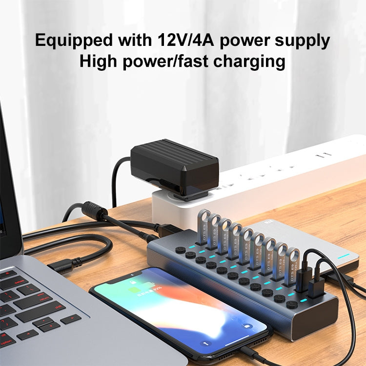 11 in 1 USB 3.0 HUB Splitter with Independent Switch & 12V 4A Power Supply - USB 3.0 HUB by buy2fix | Online Shopping UK | buy2fix