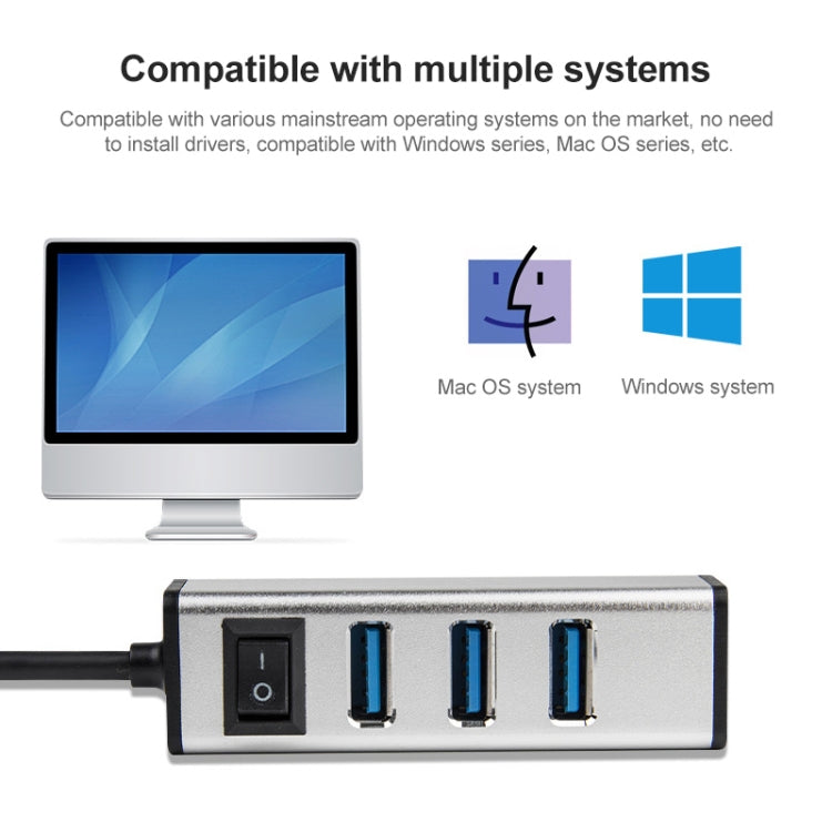 USB to 4 USB 3.0 Ports Aluminum Alloy HUB with Switch(Grey) - USB 3.0 HUB by buy2fix | Online Shopping UK | buy2fix