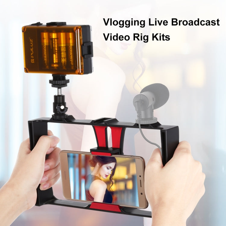 PULUZ 2 in 1 Vlogging Live Broadcast LED Selfie Light Smartphone Video Rig Kits with Cold Shoe Tripod Head for iPhone, Galaxy, Huawei, Xiaomi, HTC, LG, Google, and Other Smartphones(Red) - Camera Cage by PULUZ | Online Shopping UK | buy2fix