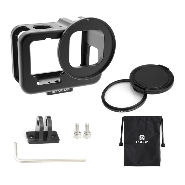 PULUZ for GoPro Hero11 Black / HERO10 Black / HERO9 Black Thin Housing Shell CNC Aluminum Alloy Protective Cage with Insurance Frame & 52mm UV Lens(Black) - DJI & GoPro Accessories by PULUZ | Online Shopping UK | buy2fix