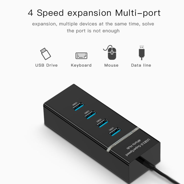 4 Ports USB 3.0 Hub Splitter with LED, Super Speed 5Gbps, BYL-P104(Black) - USB 3.0 HUB by buy2fix | Online Shopping UK | buy2fix