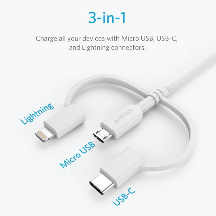 ANKER 3 in 1 8 Pin + Micro USB + USB-C / Type-C Interface MFI Certificated Data Cable(White) - Apple Accessories by ANKER | Online Shopping UK | buy2fix