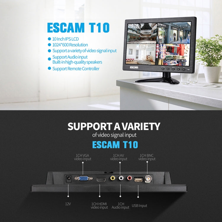 ESCAM T10 10.0 inch TFT LCD 1024x600 Monitor with VGA & HDMI & AV & BNC & USB for PC CCTV Security - DVD & LCD Player by ESCAM | Online Shopping UK | buy2fix