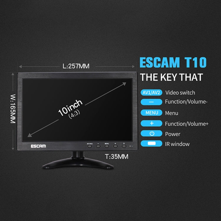 ESCAM T10 10.0 inch TFT LCD 1024x600 Monitor with VGA & HDMI & AV & BNC & USB for PC CCTV Security - DVD & LCD Player by ESCAM | Online Shopping UK | buy2fix