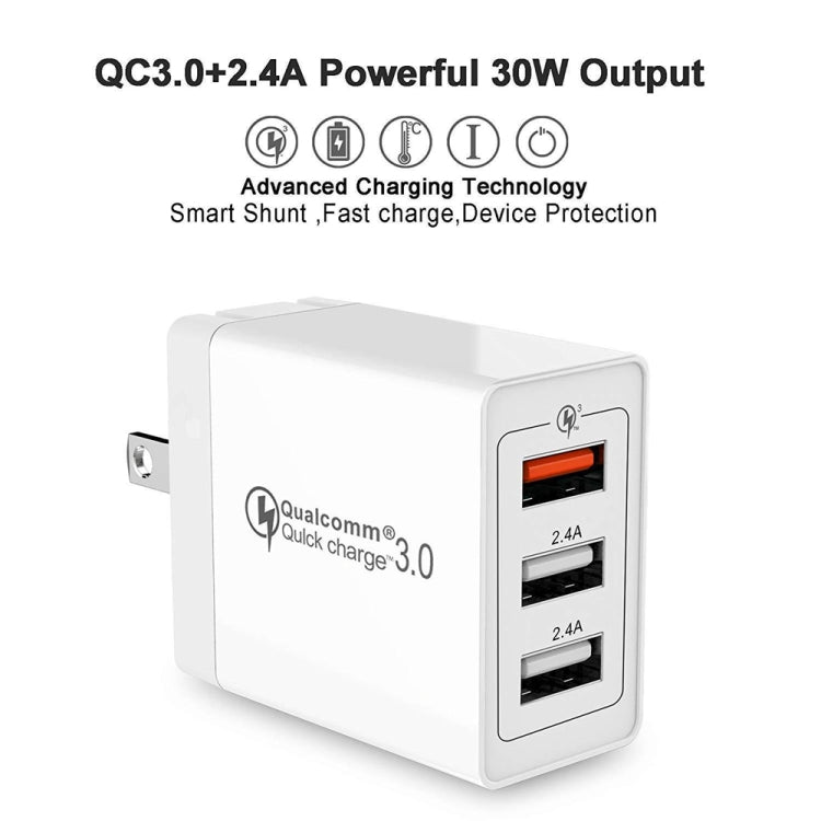 SDC-30W 2 in 1 USB to 8 Pin Data Cable + 30W QC 3.0 USB + 2.4A Dual USB 2.0 Ports Mobile Phone Tablet PC Universal Quick Charger Travel Charger Set,  US Plug - USB Charger by buy2fix | Online Shopping UK | buy2fix