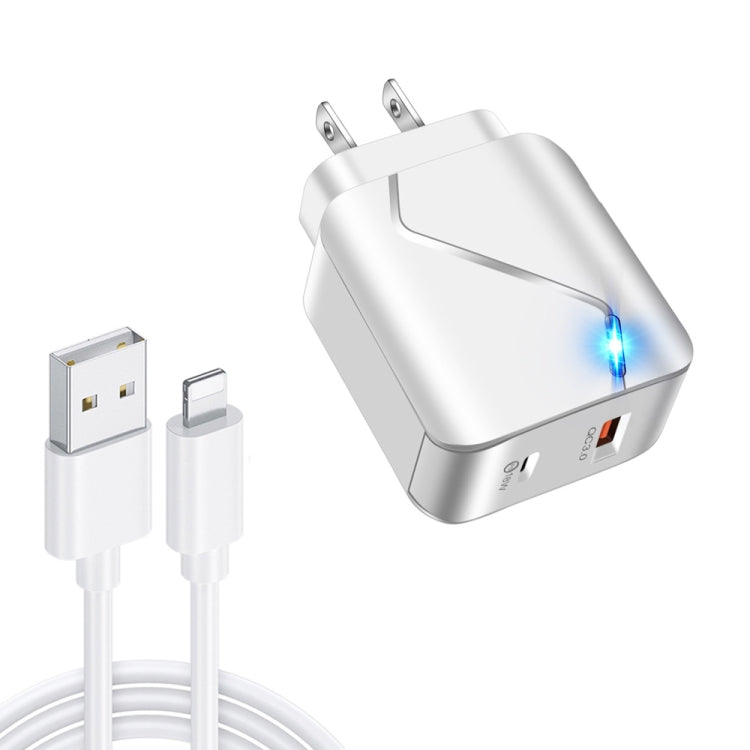 LZ-819A+C 18W QC3.0 USB + PD USB-C / Type-C Interface Travel Charger with Indicator Light + USB to 8 Pin Fast Charging Data Cable Set, US Plug(White) - Mobile Accessories by buy2fix | Online Shopping UK | buy2fix