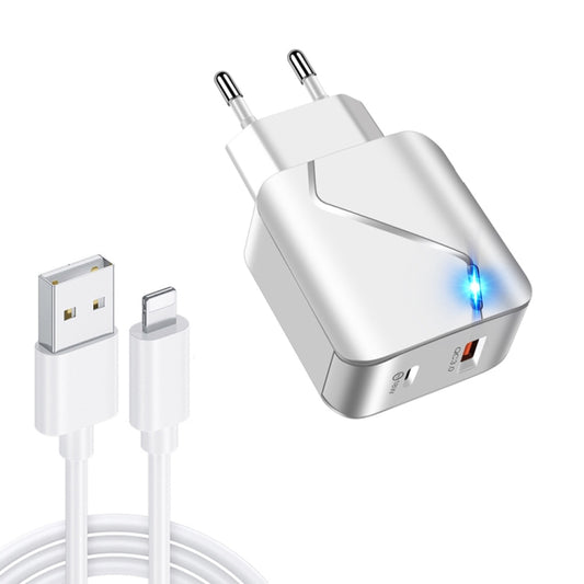 LZ-819A+C 18W QC3.0 USB + PD USB-C / Type-C Interface Travel Charger with Indicator Light + USB to 8 Pin Fast Charging Data Cable Set, EU Plug(White) - Mobile Accessories by buy2fix | Online Shopping UK | buy2fix