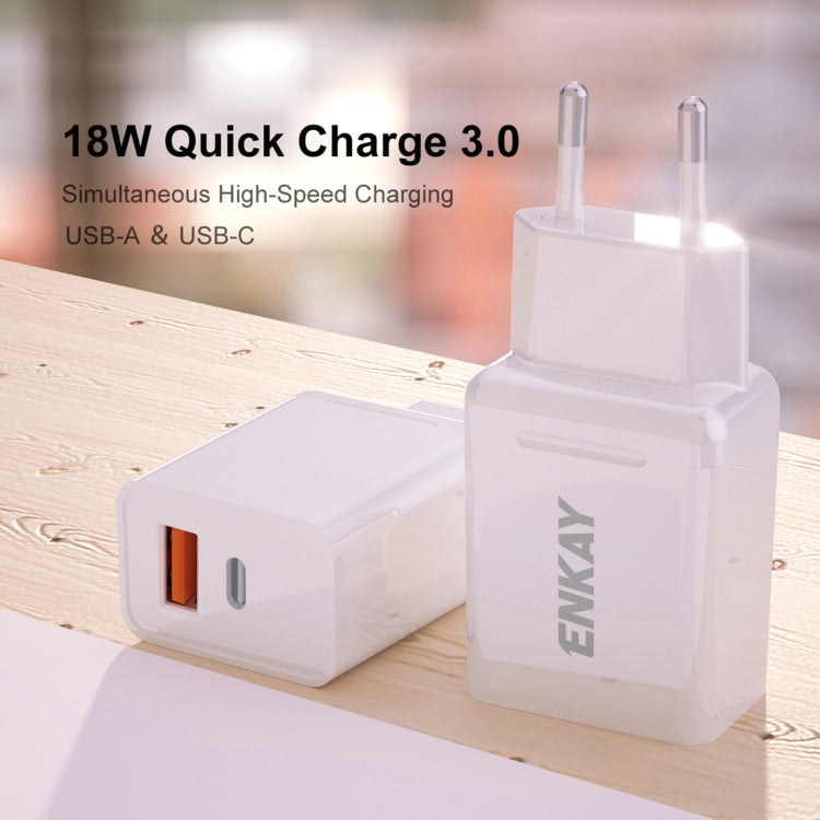 ENKAY Hat-Prince T030 18W 3A PD + QC3.0 Dual USB Fast Charging Power Adapter EU Plug Portable Travel Charger With 1m 3A Micro USB Cable - USB Charger by ENKAY | Online Shopping UK | buy2fix