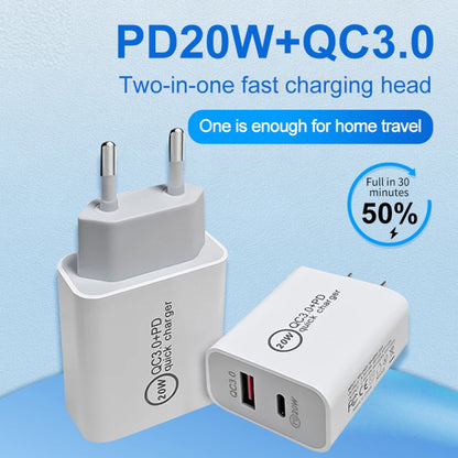 20W PD Type-C + QC 3.0 USB Interface Fast Charging Travel Charger with USB-C / Type-C to 8 Pin Fast Charge Data Cable EU Plug - Apple Accessories by buy2fix | Online Shopping UK | buy2fix