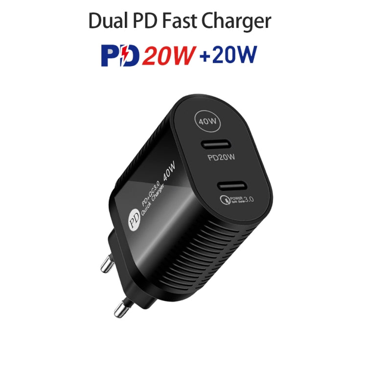 40W Dual Port PD / Type-C Fast Charger for iPhone / iPad Series, EU Plug(Black) - Apple Accessories by buy2fix | Online Shopping UK | buy2fix