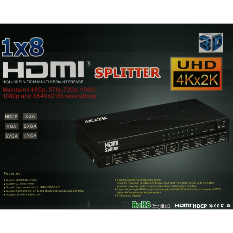 1 x 8 4K x 2K 3840*2160/30HZ HDMI Splitter -  by buy2fix | Online Shopping UK | buy2fix